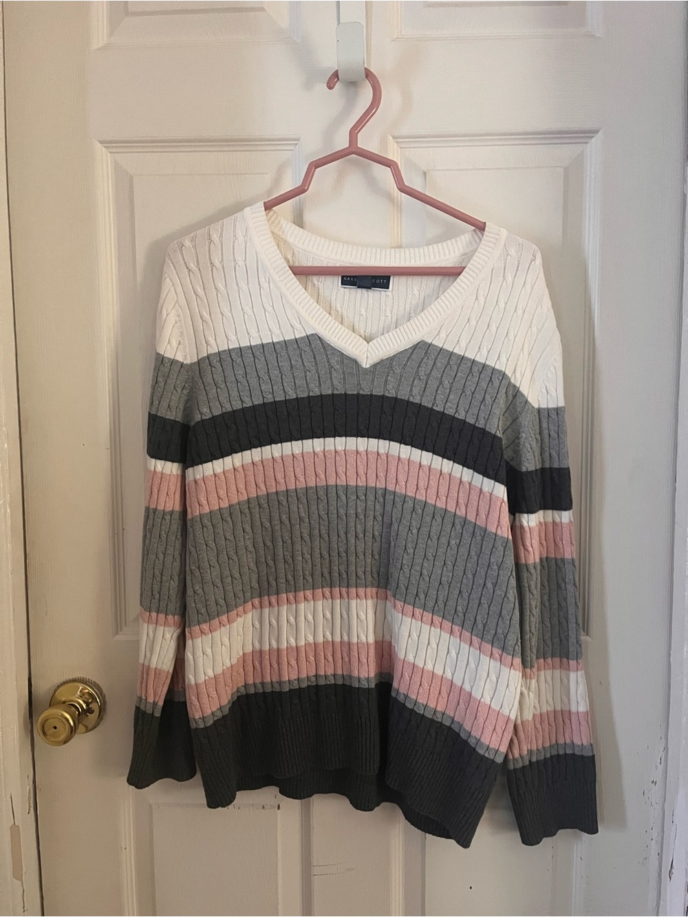 Karen Scott Striped V-Neck Cable Knit Sweater in White, Gray, Pink, Black